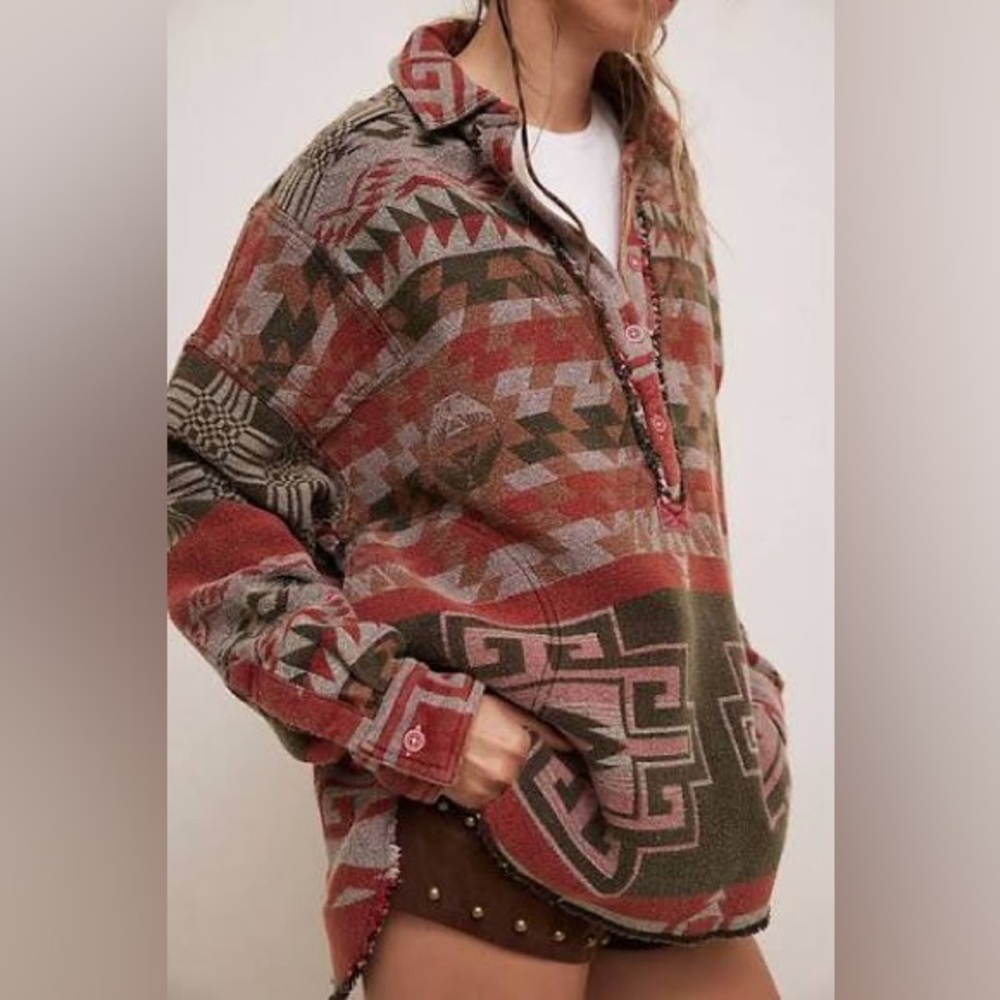NWT Free People Arizona Sky Cotton Pullover Top Crimson Combo size Large - Picture 1 of 3